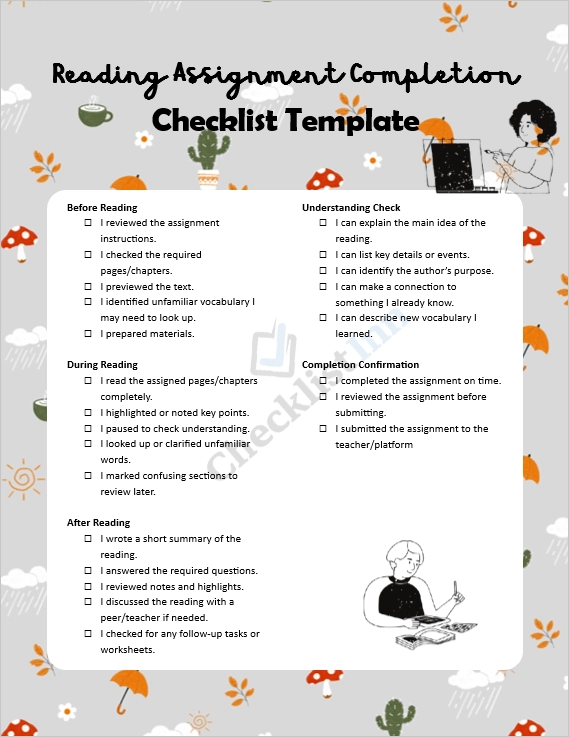 Reading assignment completion checklist cover page showing a clean and organized layout for students and teachers