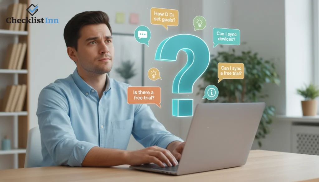 Person viewing questions and answers on a laptop with icons representing frequently asked questions