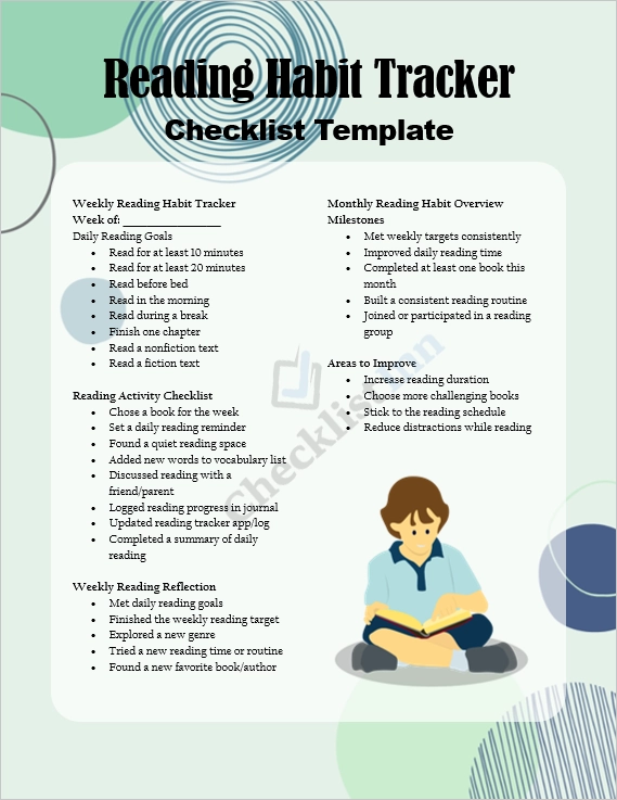 Reading Habit Tracker Checklist Cover Page showing weekly and monthly sections