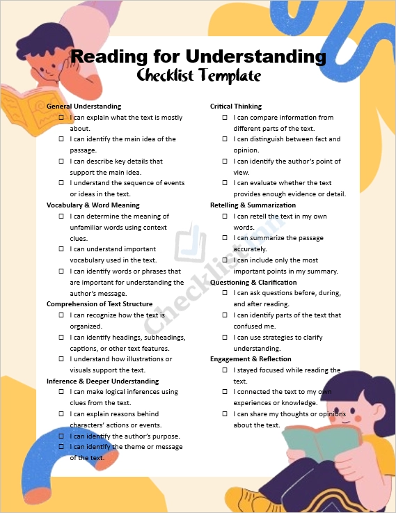 Reading for Understanding Checklist cover page showing a clean and organized design for readers and educators