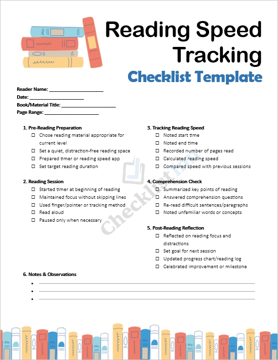 Reading Speed Tracking Checklist Cover Page showing title and clean design for monitoring reading progress