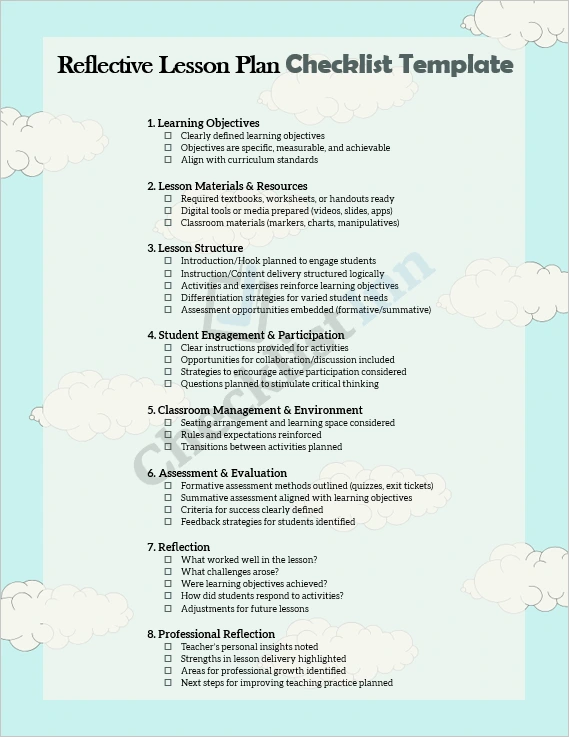 Reflective Lesson Plan Checklist cover page for teachers with checkboxes and headings