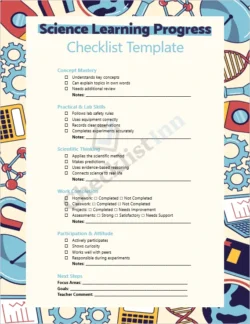 Science Learning Progress Checklist cover page showing a colorful header and student information fields