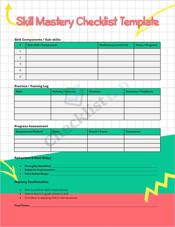 Skill Mastery Checklist Template Cover Page showing organized layout and header design