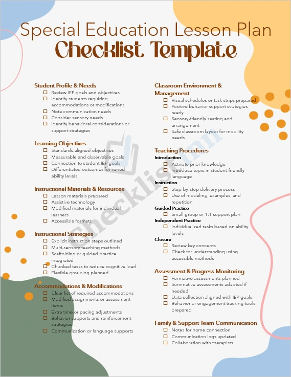 Special Education Lesson Plan Checklist cover page showing a clean and professional design