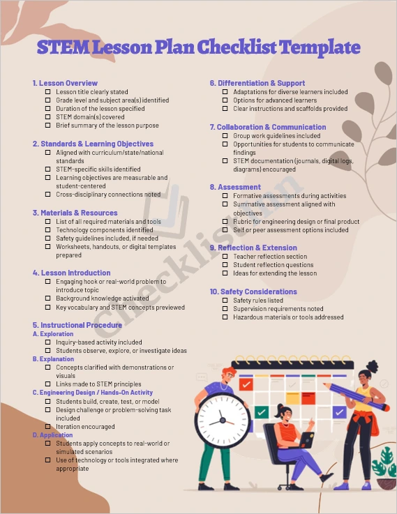 STEM lesson plan checklist cover page showing colorful heading and icons representing science technology engineering and mathematics