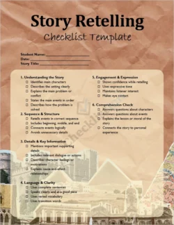 Story Retelling Checklist cover page with clean layout and reading themed design