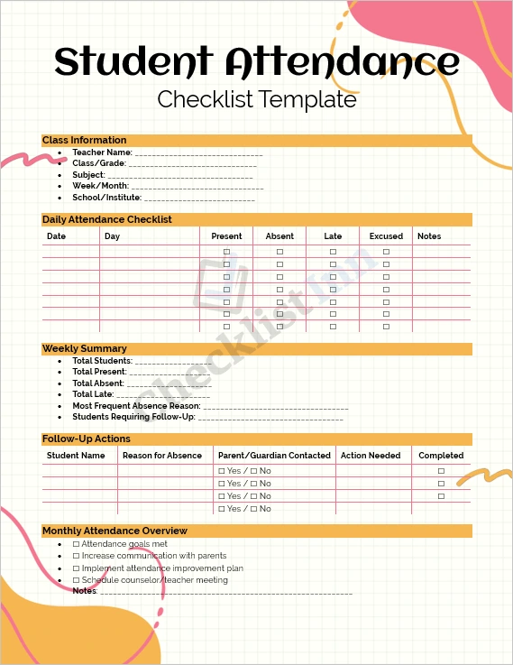 Student Attendance Checklist Template Cover Page