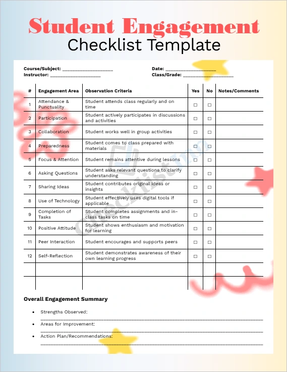 Student Engagement Checklist Template Cover Page with Colorful Classroom Design