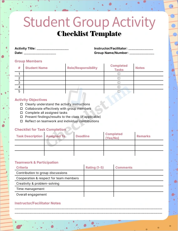 Student group activity checklist template cover page showing a clean and structured layout for classroom use