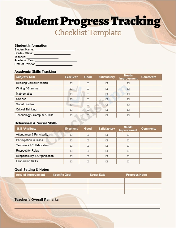 Student Progress Tracking Checklist Template Cover Page