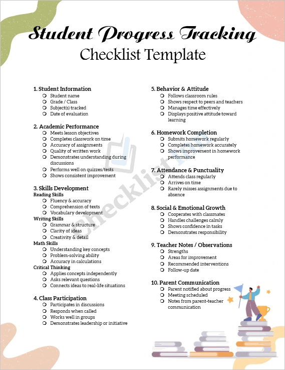 Student Progress Tracking Checklist cover page design