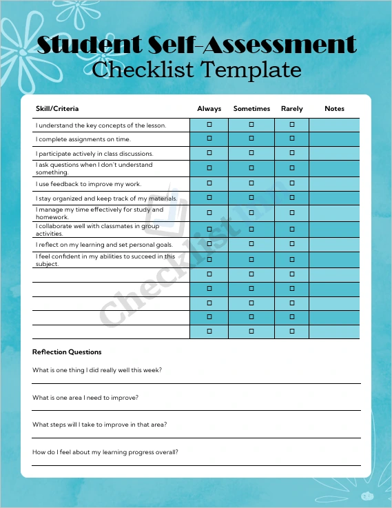Student self assessment checklist cover page showing colorful header and title