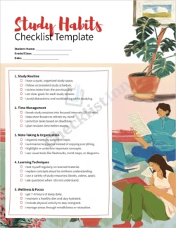 Study habits checklist template cover page