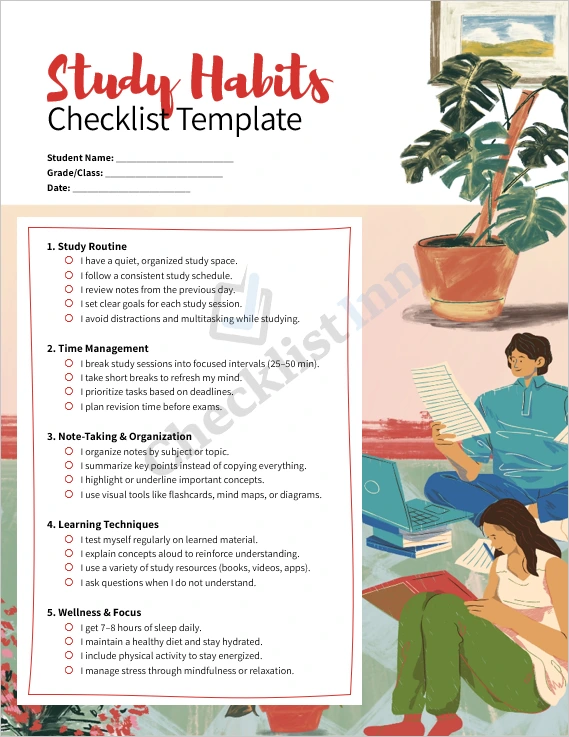 Study habits checklist template cover page