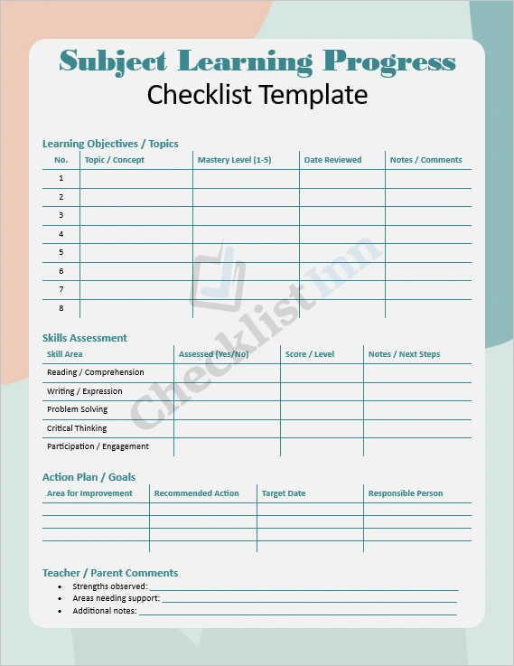 Subject Learning Progress Checklist template cover page showing student and teacher tracking tools