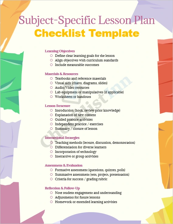 cover page of subject specific lesson plan checklist template with organized sections