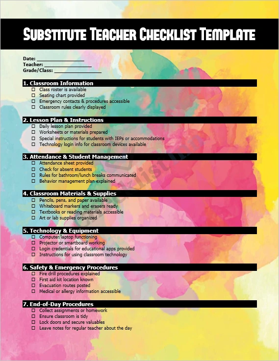 Cover page of the substitute teacher checklist template showing organized layout and headings