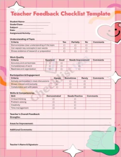 Teacher feedback checklist template cover page for educators