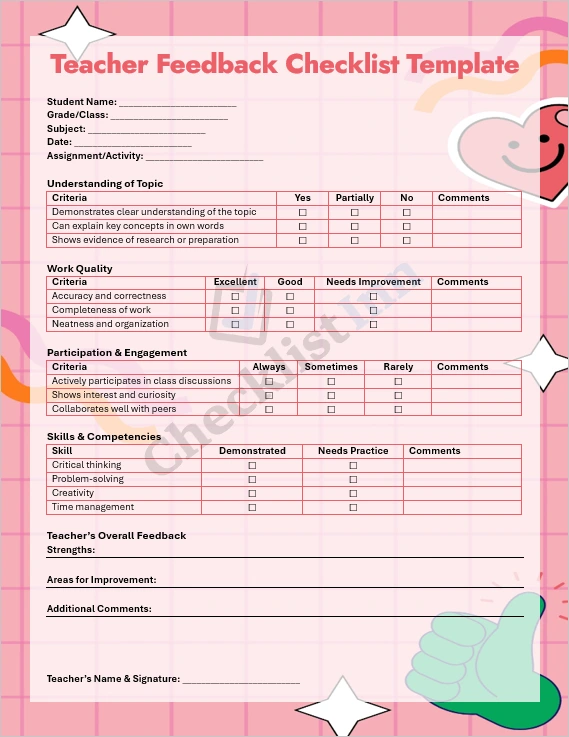 Teacher feedback checklist template cover page for educators