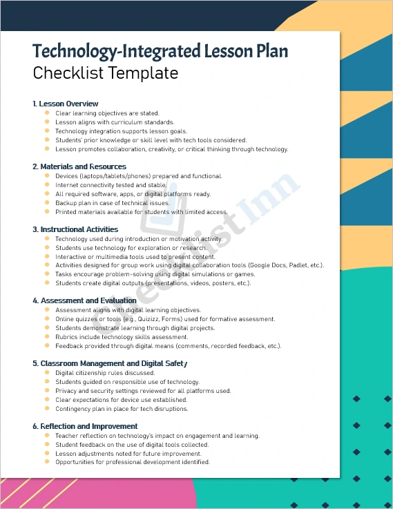 Technology Integrated Lesson Plan Checklist Template cover page in Microsoft Word format showing title and teacher details section