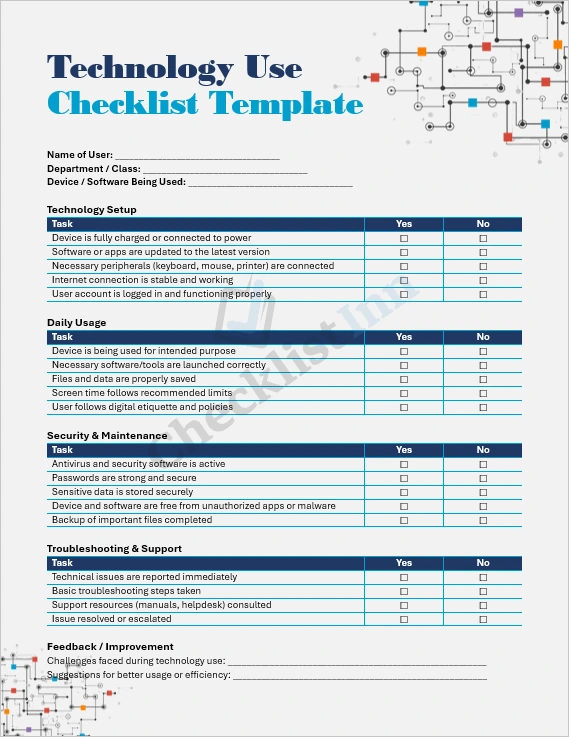 Technology Use Checklist Template Cover Page showing checklist design