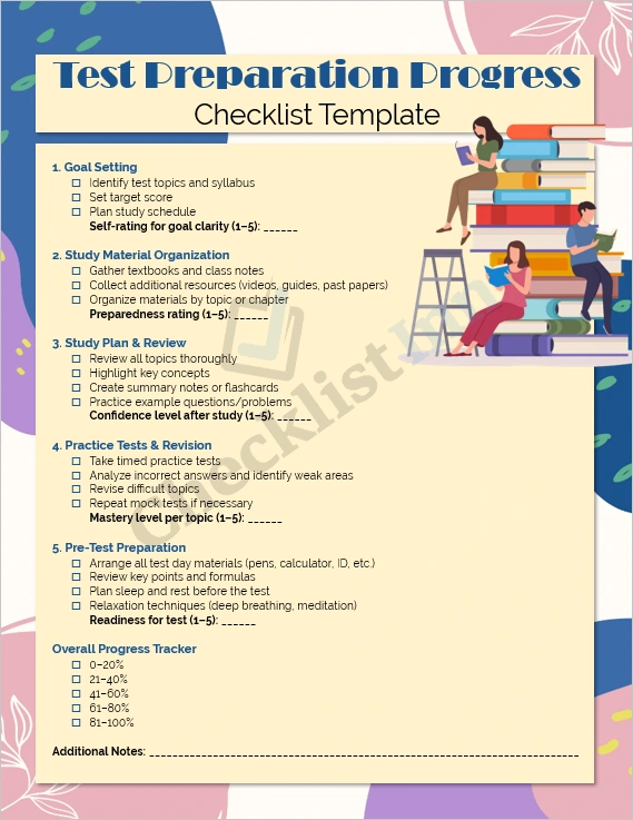 Test Preparation Progress Checklist cover page template