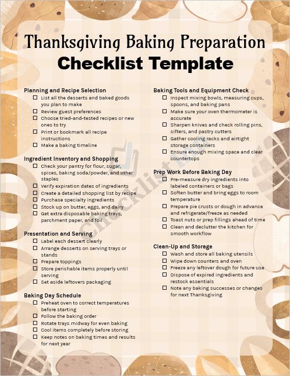 Thanksgiving Baking Preparation Checklist Template cover page showing festive baking items and organized task sections
