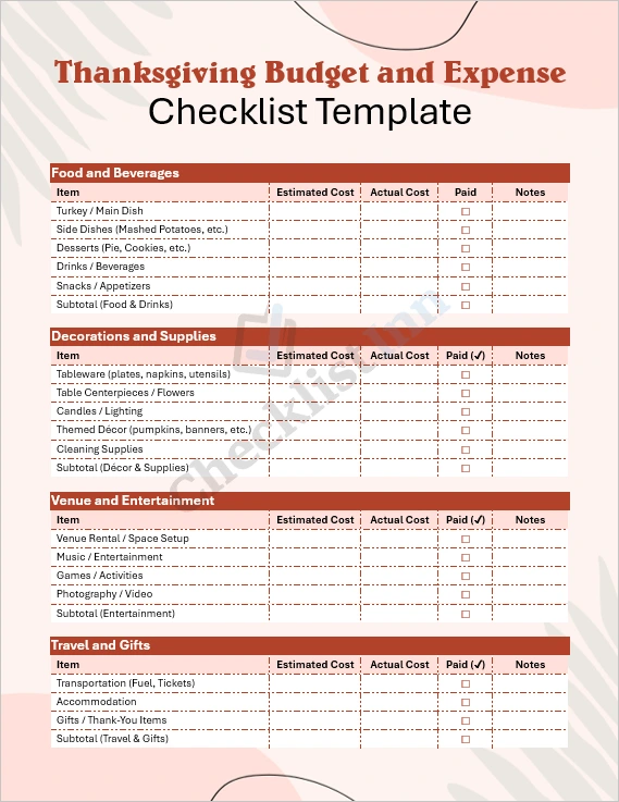 Thanksgiving Budget and Expense Checklist Template cover page with holiday themed design and budget tracking sections