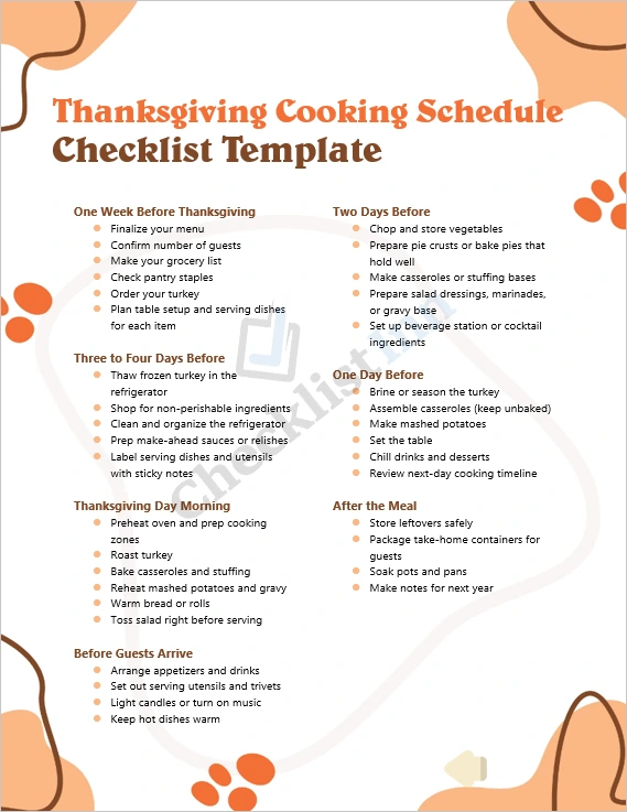 Thanksgiving cooking schedule checklist template cover page with festive design