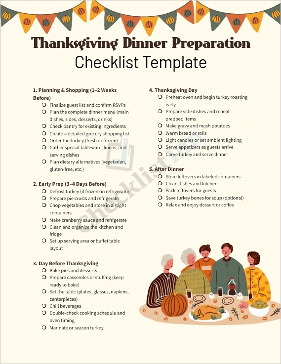 Thanksgiving dinner preparation checklist cover page showing festive table setting and organized meal planning theme