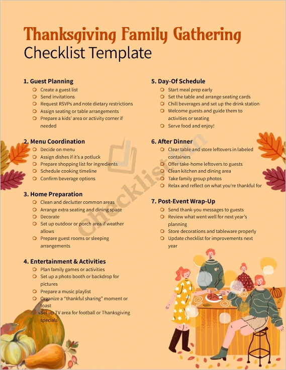 Thanksgiving family gathering checklist cover page with warm autumn theme and festive layout
