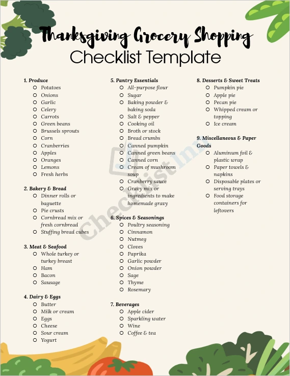Thanksgiving grocery shopping checklist cover page showing holiday meal planning list