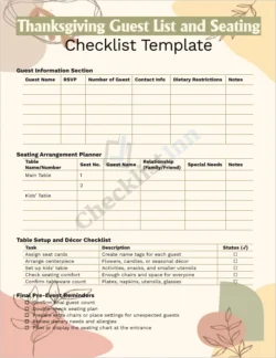 Thanksgiving guest list and seating checklist cover page with festive holiday design and table setting theme