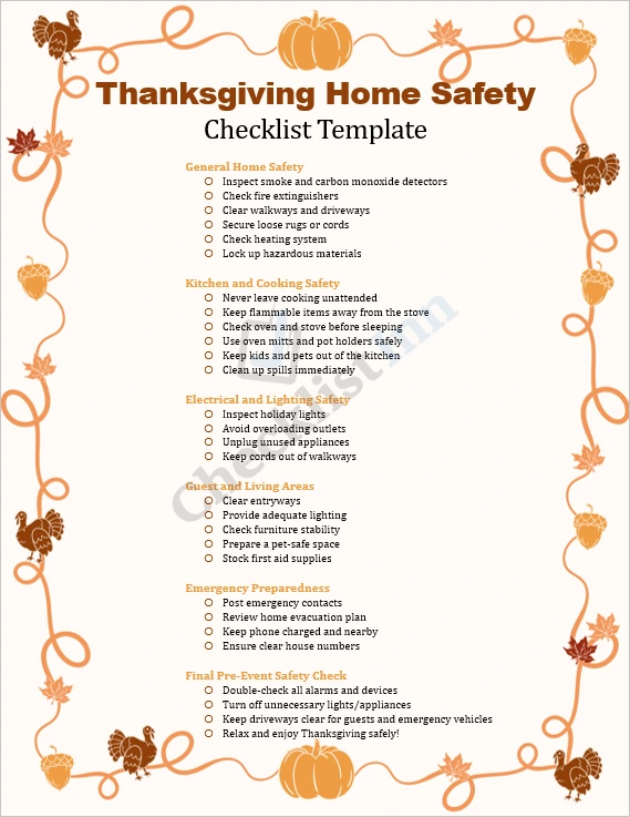 Thanksgiving Home Safety Checklist cover page showing title design and festive home illustration