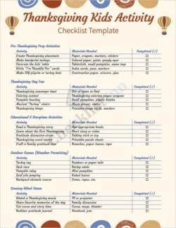 Thanksgiving kids activity checklist cover page with colorful holiday themed design and playful illustrations