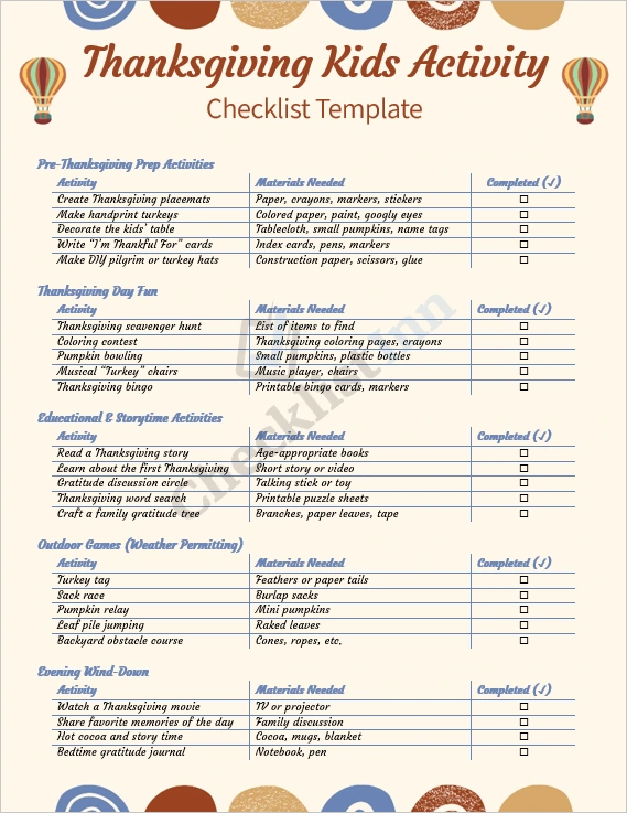 Thanksgiving kids activity checklist cover page with colorful holiday themed design and playful illustrations