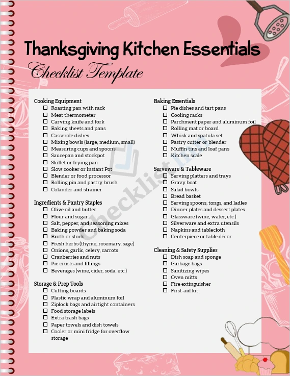 Thanksgiving kitchen essentials checklist cover page with festive cooking theme