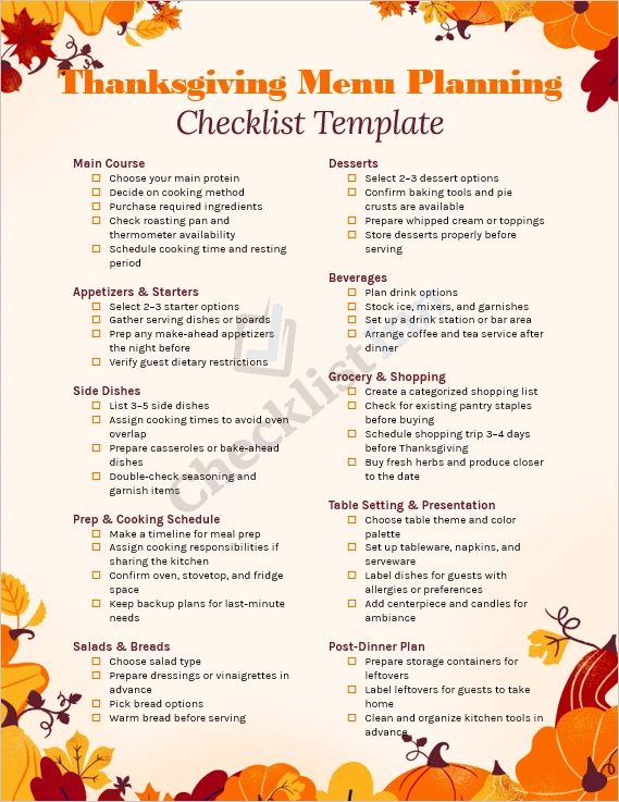 Thanksgiving menu planning checklist cover page
