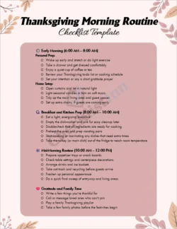 Thanksgiving Morning Routine Checklist Template cover page showing organized morning tasks and autumn design