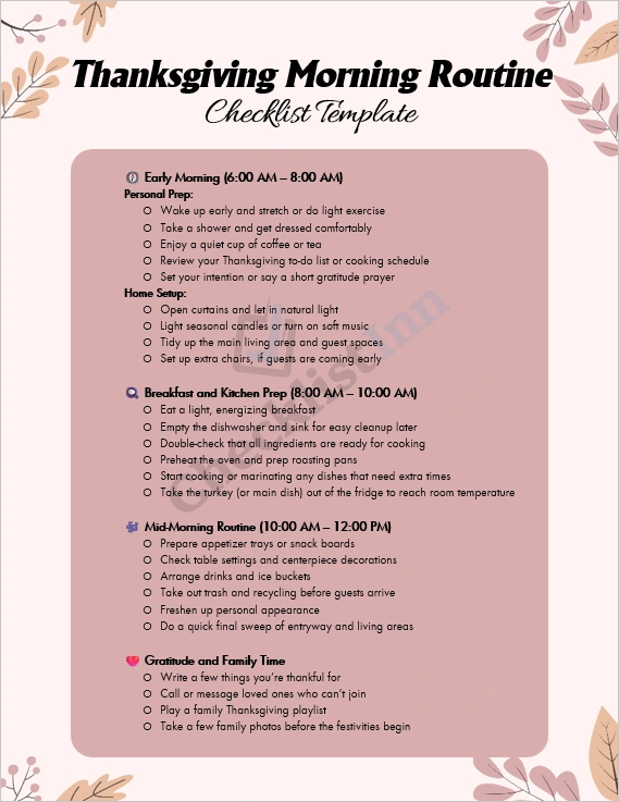 Thanksgiving Morning Routine Checklist Template cover page showing organized morning tasks and autumn design