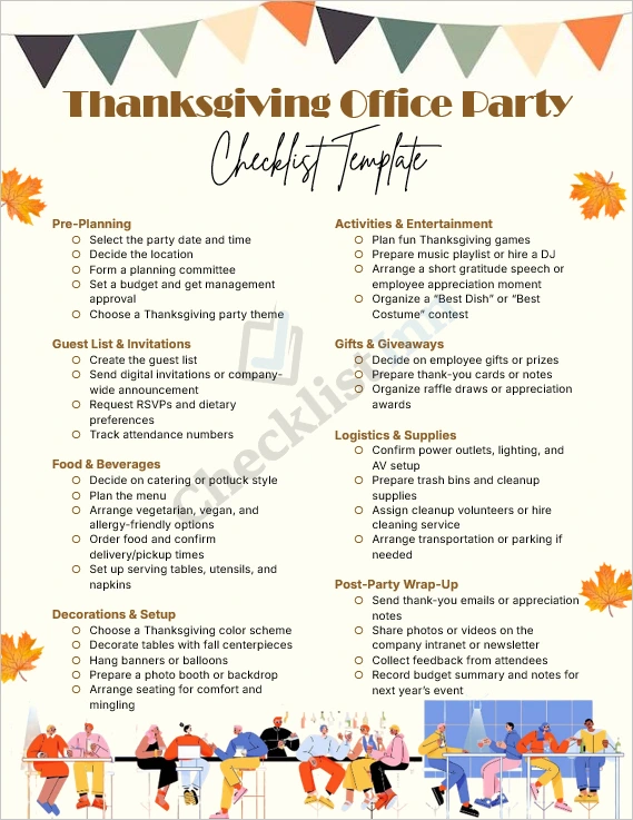 Thanksgiving Office Party Checklist Template cover page showing festive workplace theme with team celebration and fall decorations