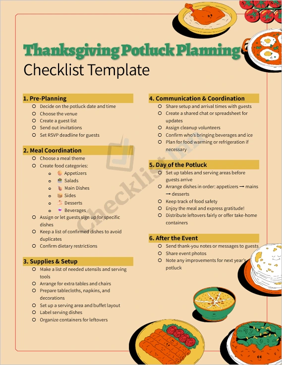 Thanksgiving Potluck Planning Checklist Template cover page showing festive layout and title design