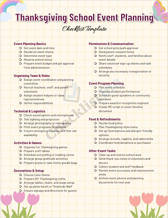 Thanksgiving school event planning checklist cover page with autumn themed design and school celebration graphics