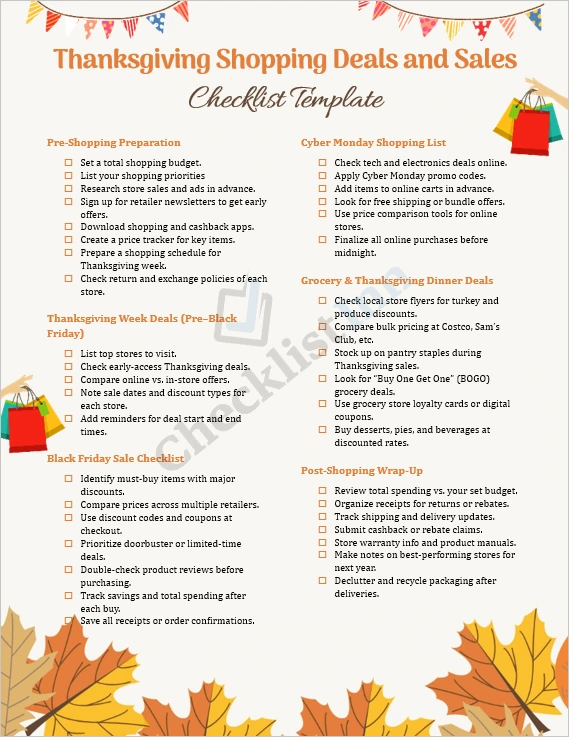 Thanksgiving shopping deals and sales checklist cover page showing organized holiday shopping plan