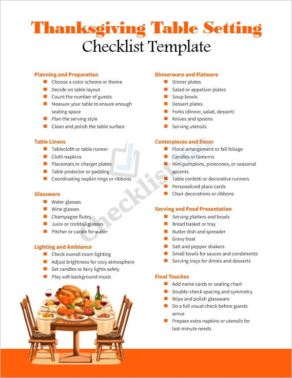 Thanksgiving table setting checklist template cover page showing festive dining design with autumn theme