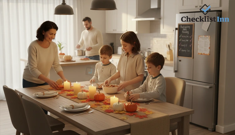 Family preparing Thanksgiving dinner together with festive table decorations and printed checklists nearby