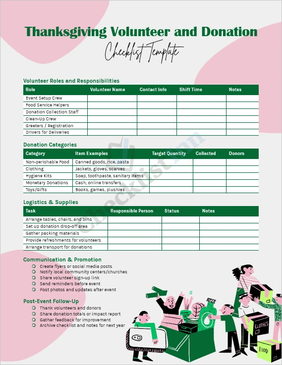 Thanksgiving volunteer and donation checklist template cover page showing organized event planning sections and festive design