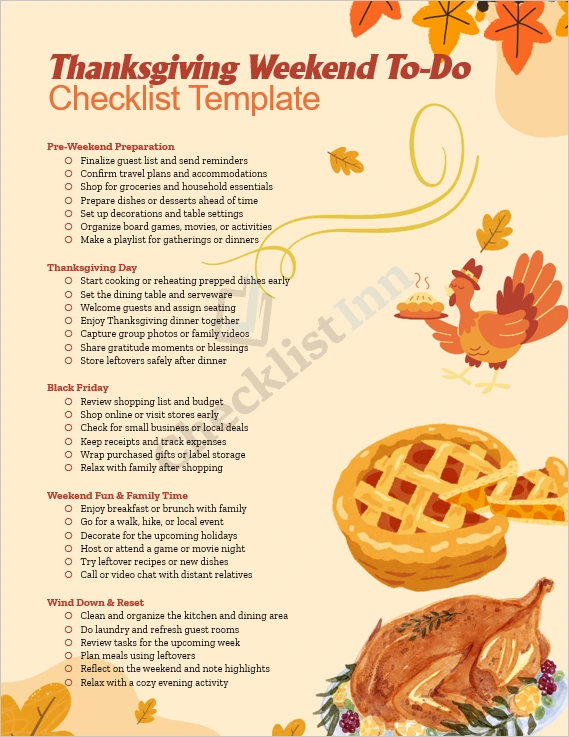 Thanksgiving Weekend To Do Checklist Template cover page showing organized weekend planning layout with festive design elements