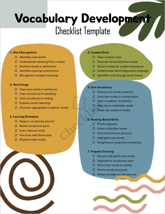 Vocabulary Development Checklist cover page showing a clean and simple layout for students and teachers